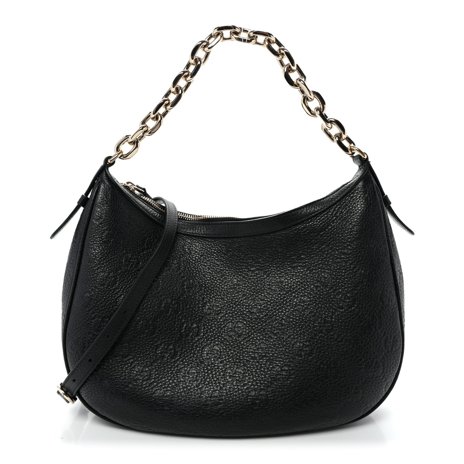 Gucci GG Grainy Calfskin Emblem Large Half Moon Shoulder Bag Black 1 of 11