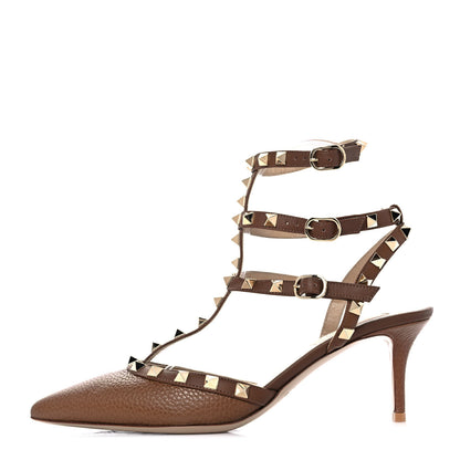 Valentino Garavani Pebbled Calfskin Rockstud Ankle Strap 65mm Pumps 38.5 Cuoio 1 of 8