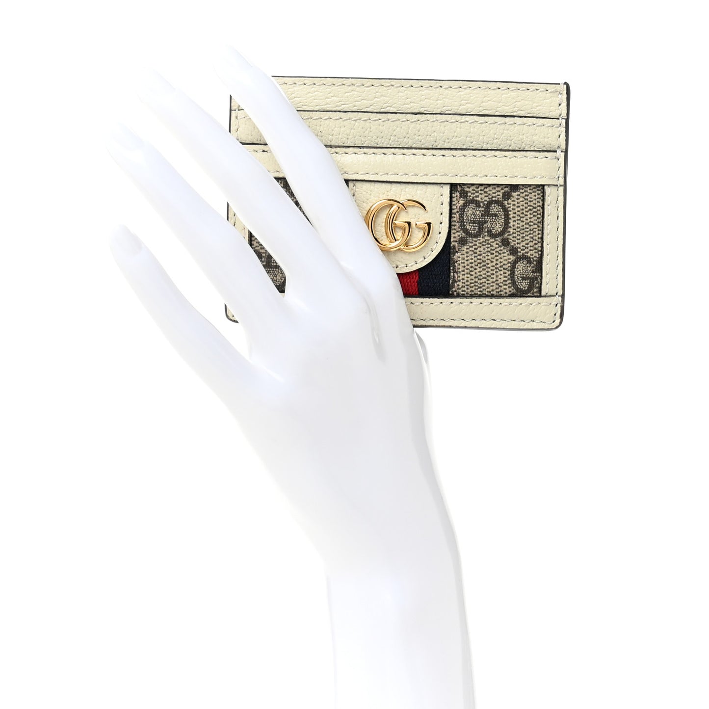 GG Supreme Monogram Textured Calfskin Web Ophidia Card Holder Beige Ebony Mystic White
