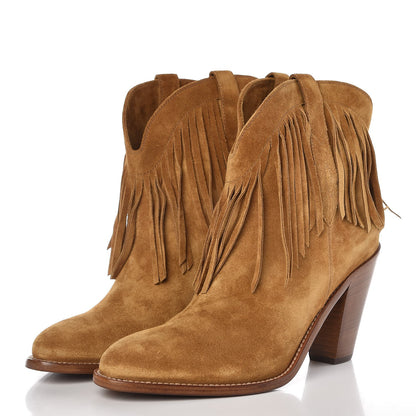Saint Laurent Suede New Western 80 Fringe Ankle Boots 40 Light Tan 3 of 9
