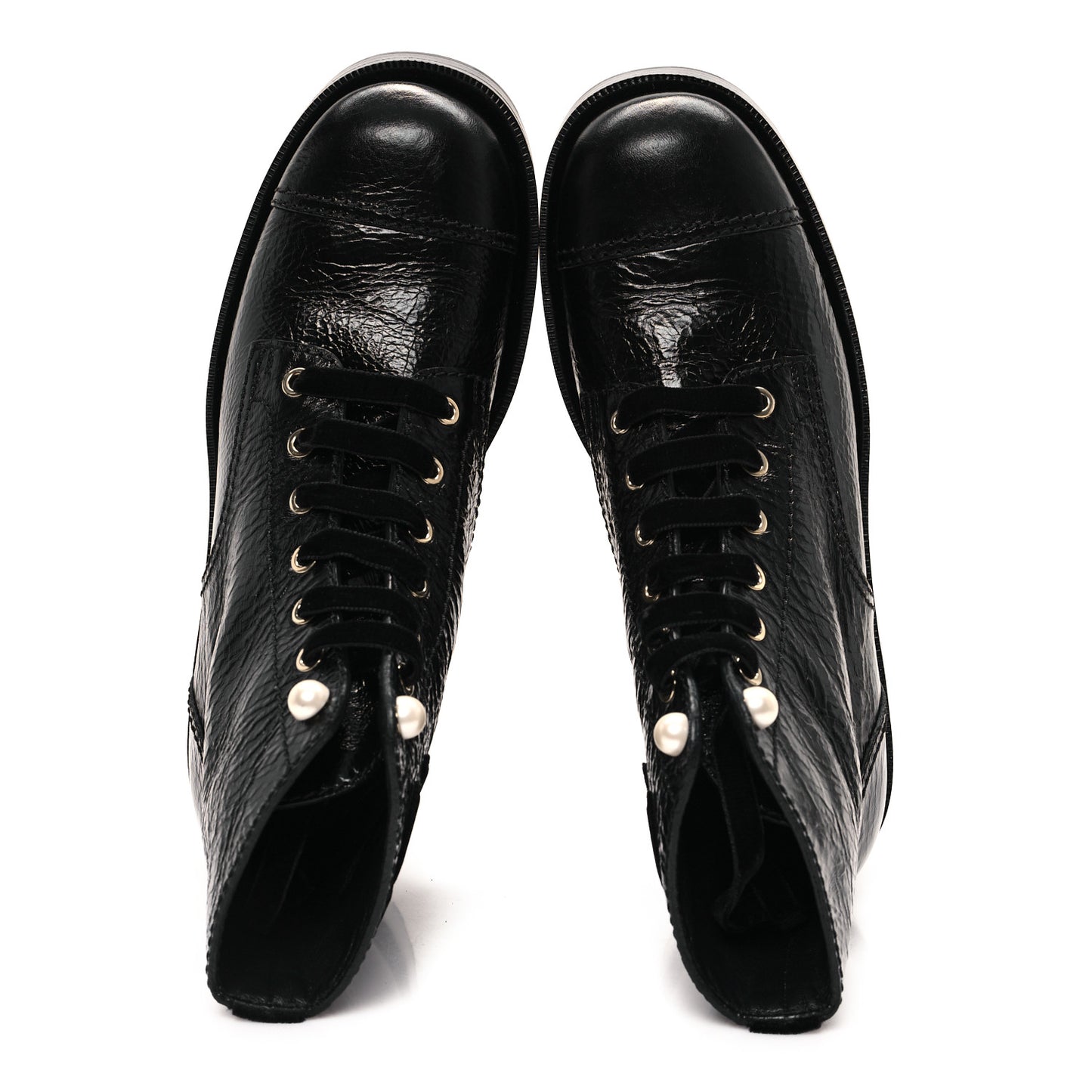 Shiny Calfskin Velvet Pearl Combat Short Boots 39.5 Black