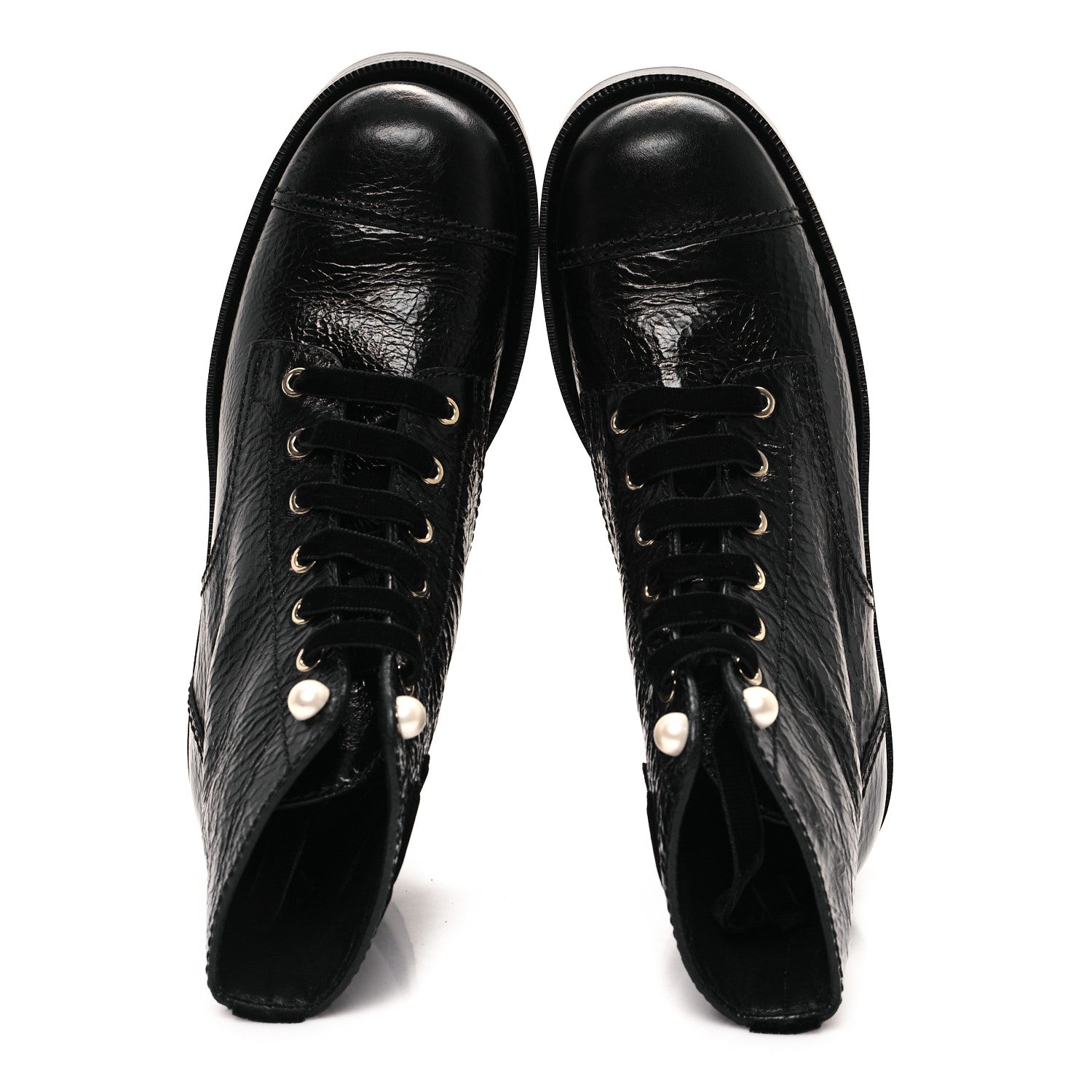Chanel Shiny Calfskin Velvet Pearl Combat Short Boots 39.5 Black 2 of 10