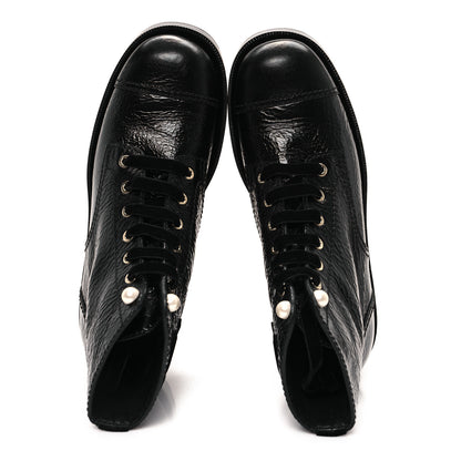 Chanel Shiny Calfskin Velvet Pearl Combat Short Boots 39.5 Black 2 of 10