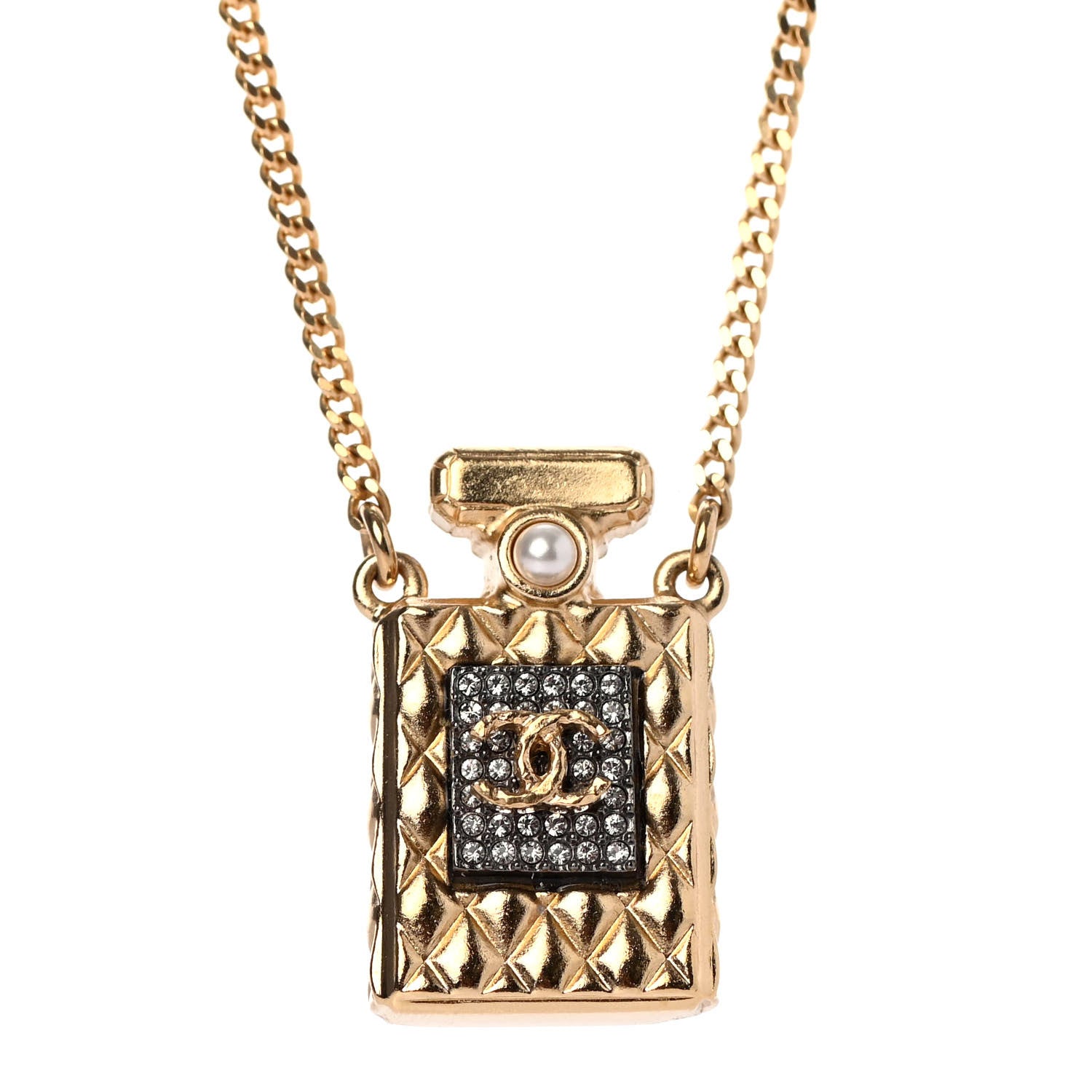 Chanel Crystal Pearl Perfume Bottle CC Necklace Black Gold 7 of 8