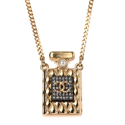 Chanel Crystal Pearl Perfume Bottle CC Necklace Black Gold 7 of 8