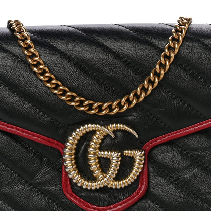 Gucci Vintage Effect Calfskin Matelasse Diagonal Torchon GG Marmont Chain Wallet Black Romantic Cherry 11 of 28