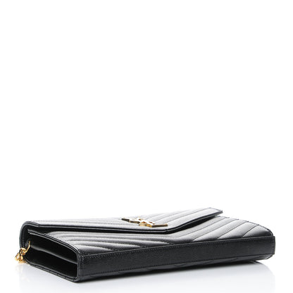 Saint Laurent Grain De Poudre Matelasse Chevron Monogram Chain Wallet Black 4 of 7