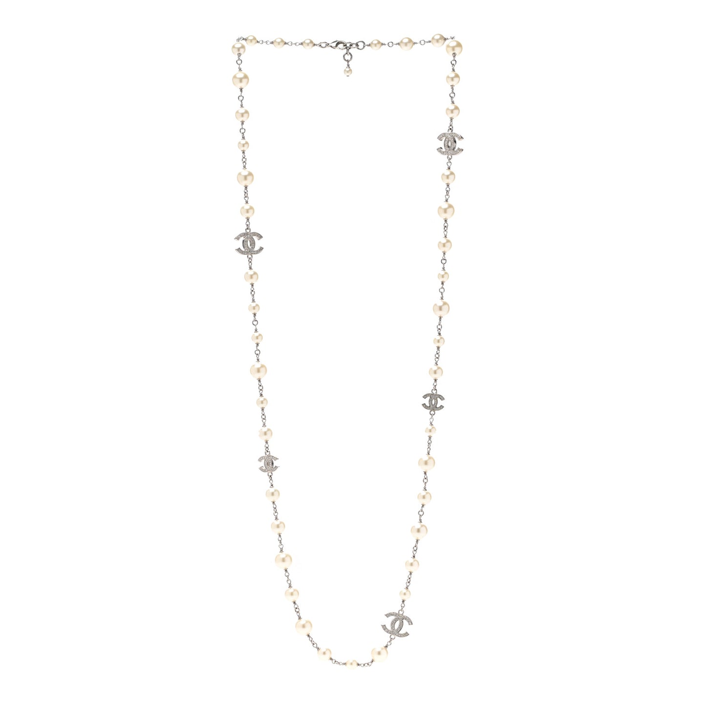 Graduated Pearl Crystal CC Long Necklace Silver