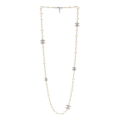 Chanel Graduated Pearl Crystal CC Long Necklace Silver 3 of 5