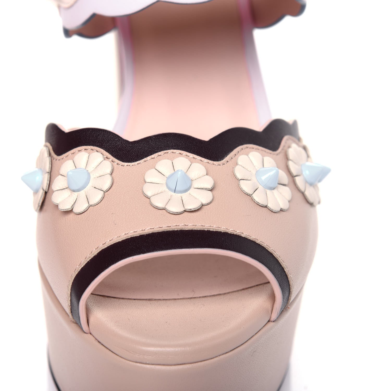 Fendi Calfskin Scalloped Pearl Studded Flower Embellished Platform Sandals 35 Beige Multicolor 12 of 14