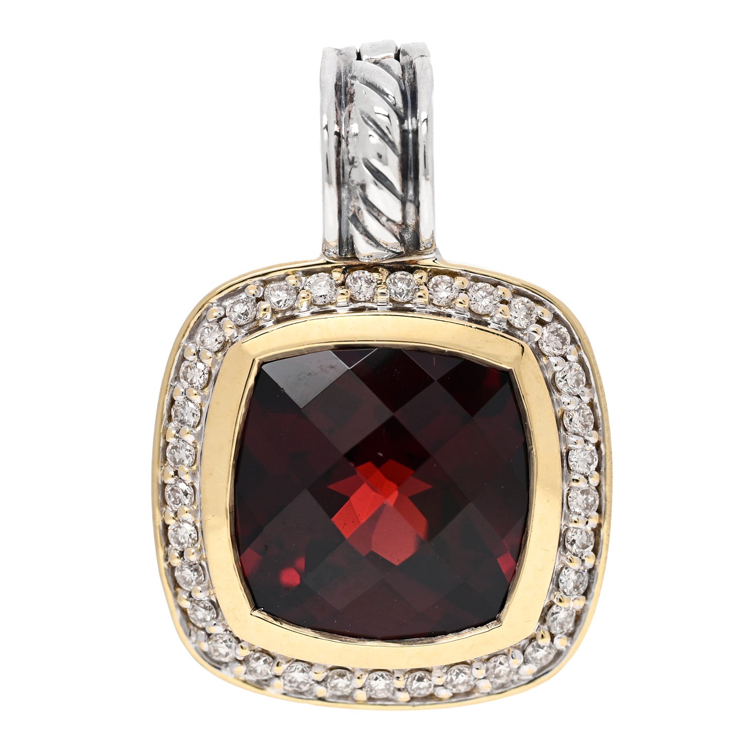 David Yurman Sterling Silver 18K Yellow Gold Diamond Garnet 11mm Albion Enhancer Pendant 1 of 3