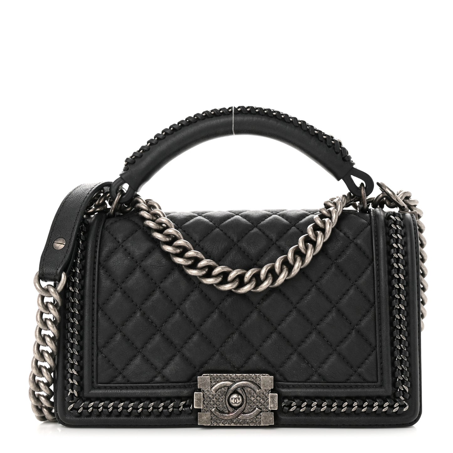Calfskin Quilted Medium Boy Top Handle Flap Black