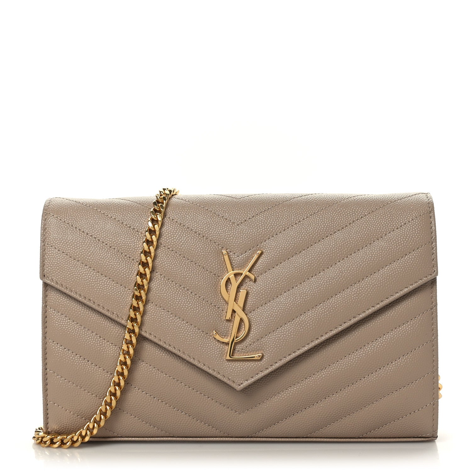 Saint Laurent Grain De Poudre Matelasse Chevron Chain Wallet Dark Beige 1 of 9