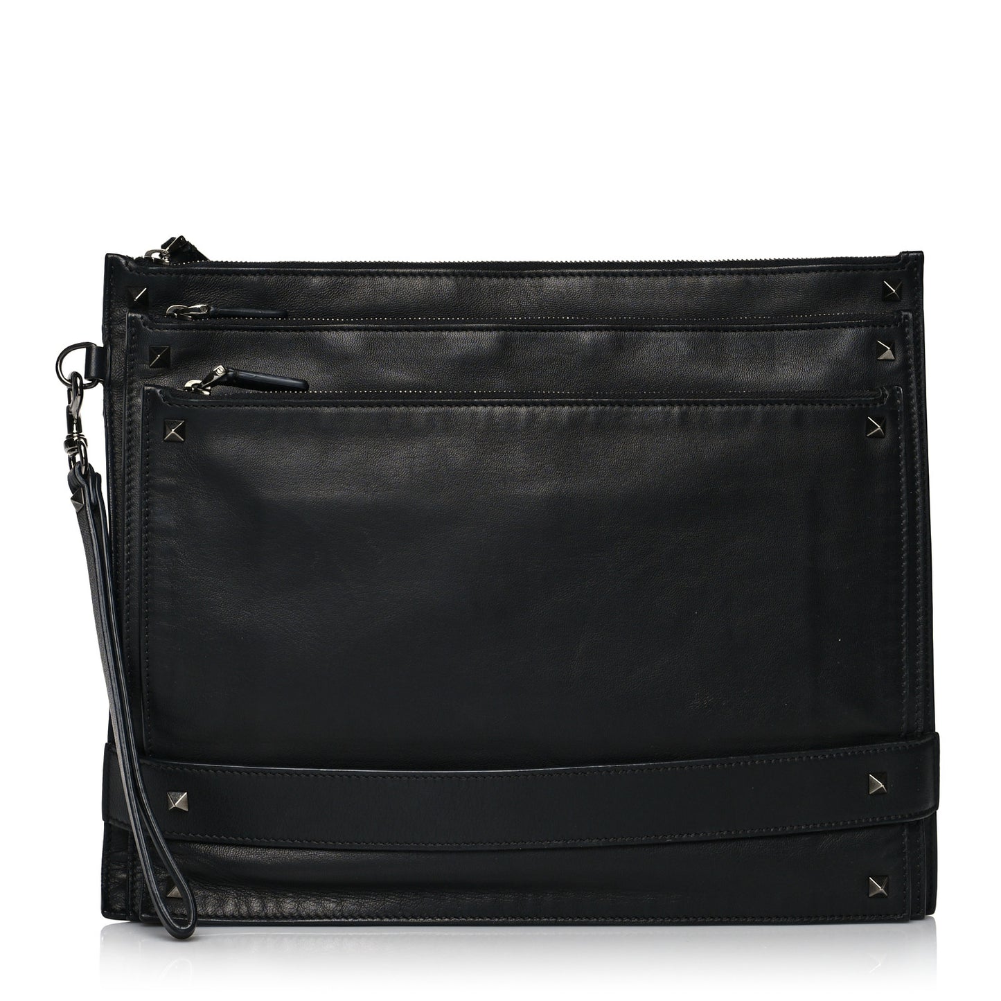 Nappa Rockstud Triple Zip Wristlet Pouch Black