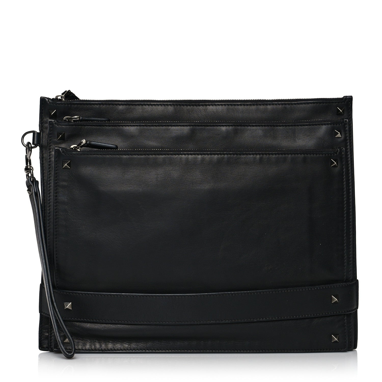 Valentino Garavani Nappa Rockstud Triple Zip Wristlet Pouch Black 1 of 14