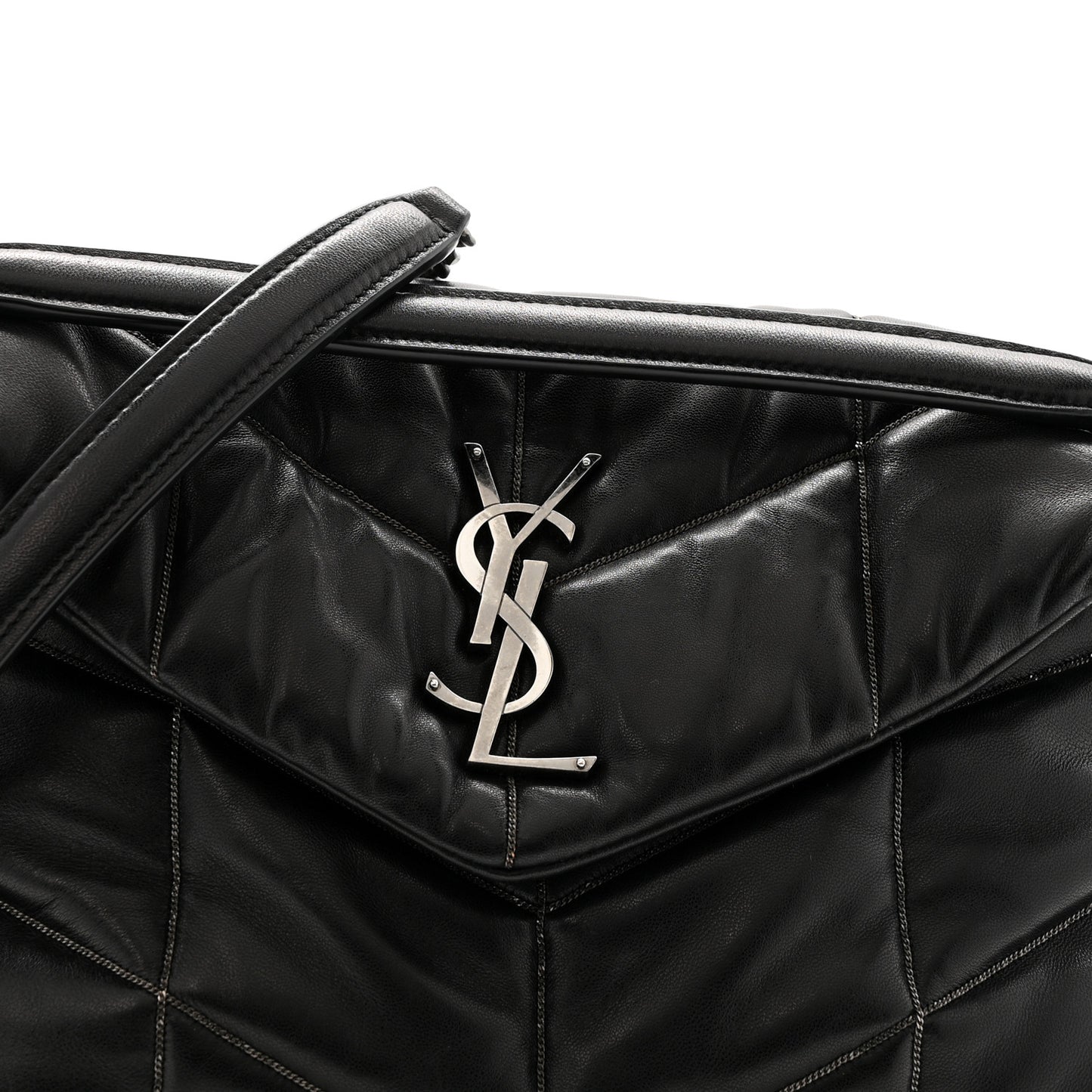 Lambskin Quilted Metal Small Loulou Puffer Monogram Chain Satchel  Black