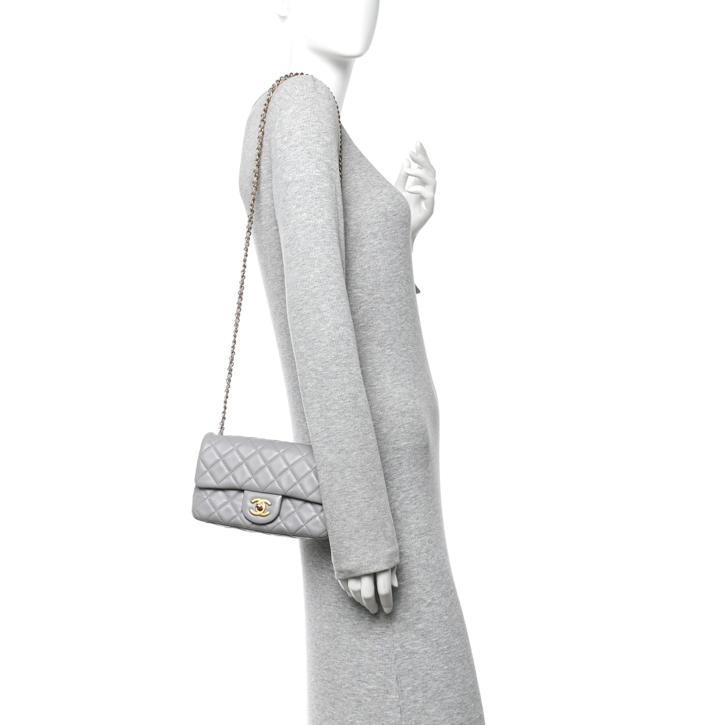 Lambskin Quilted Mini Rectangular Pearl Crush Flap Grey