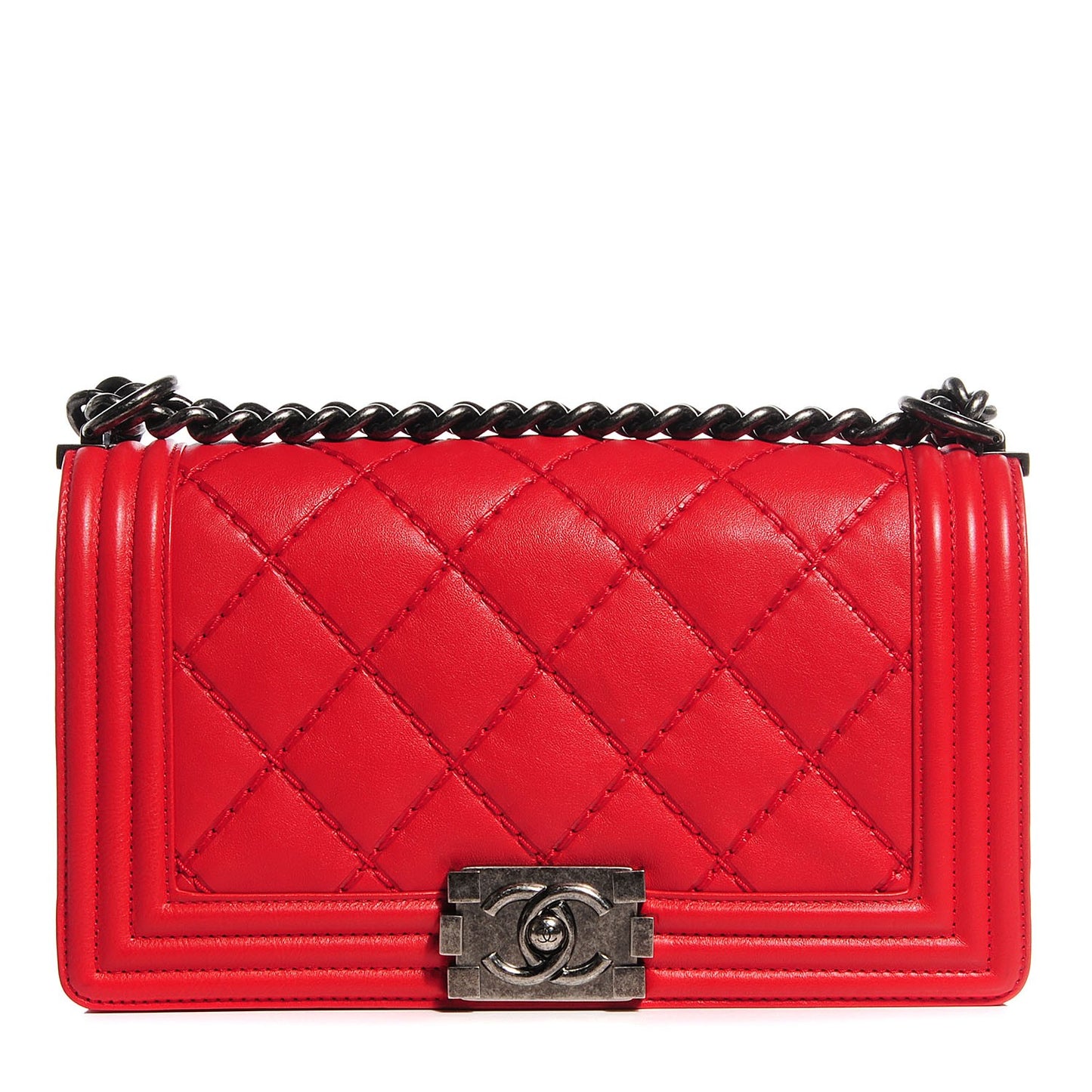 Calfskin Quilted Double Stitch Medium Boy Flap Red