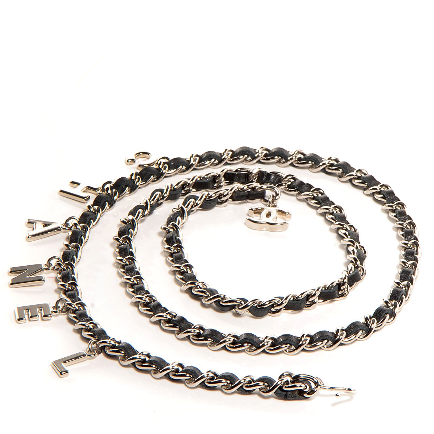 Chanel Leather Chain Logo Belt Black Silver 1 of 6