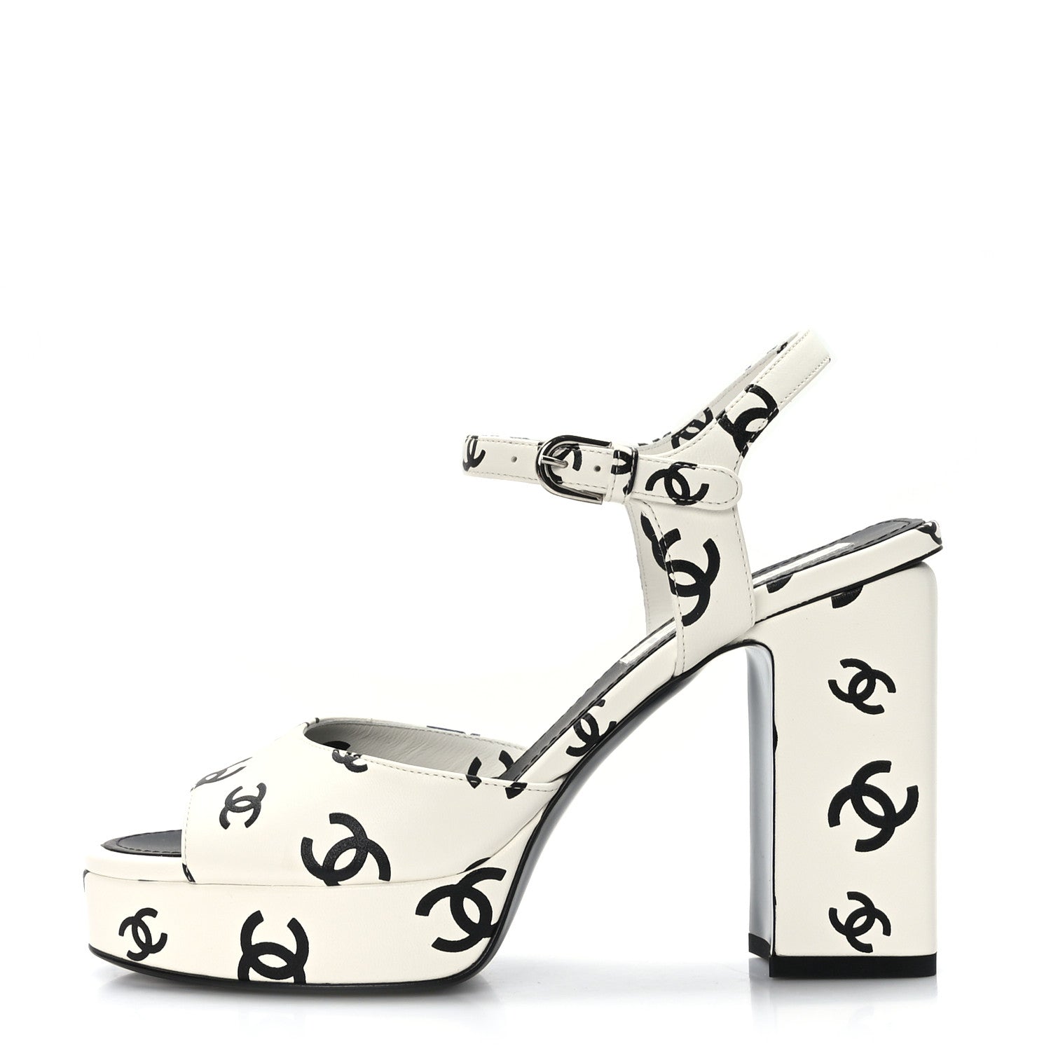 Chanel Printed Lambskin CC Platform Sandals 37.5 White Black 1 of 8