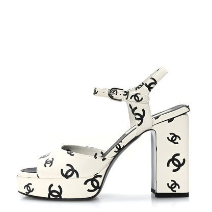 Chanel Printed Lambskin CC Platform Sandals 37.5 White Black 1 of 8