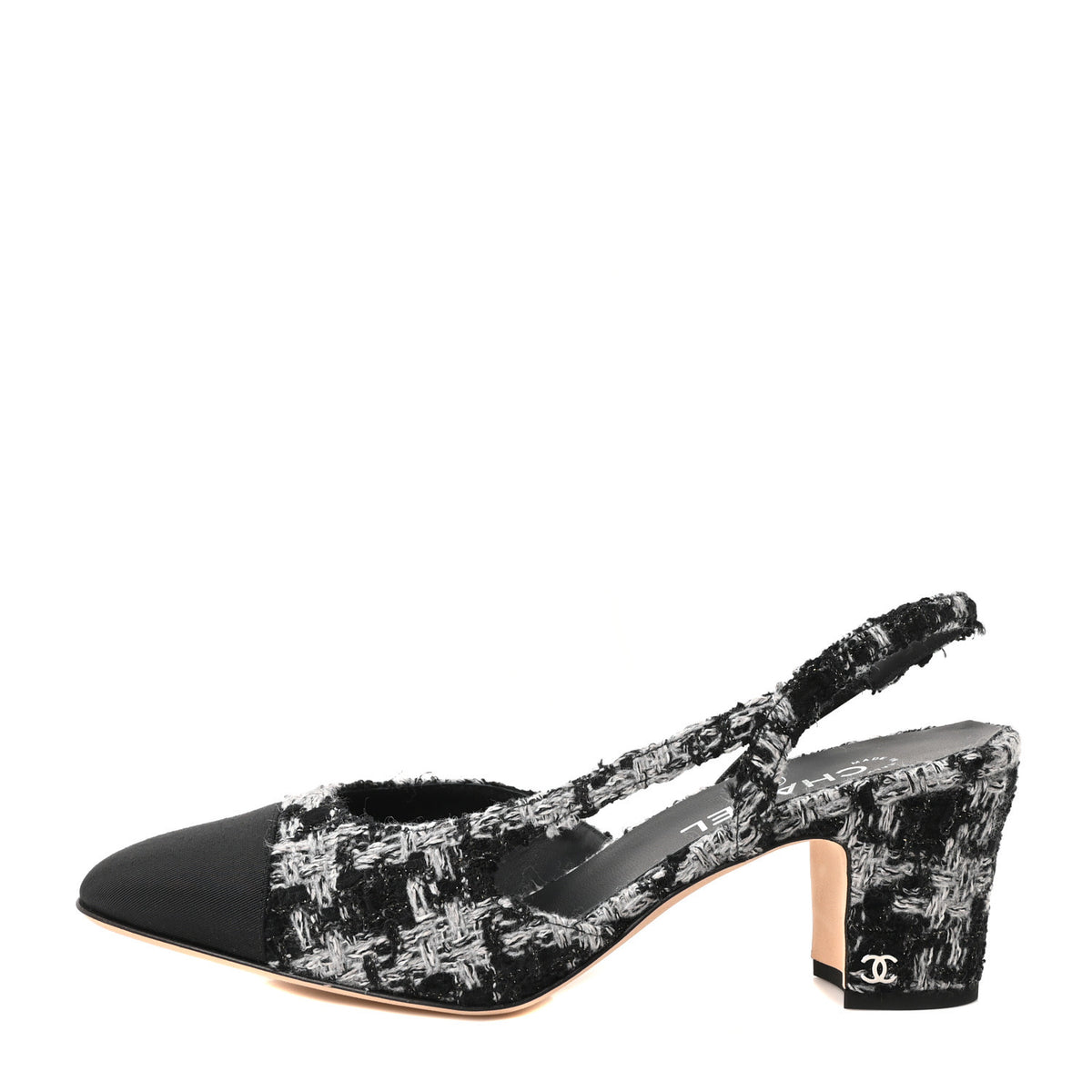 Chanel Tweed Grosgrain Cap Toe CC Slingback Pumps 41.5 Black Grey 1 of 10