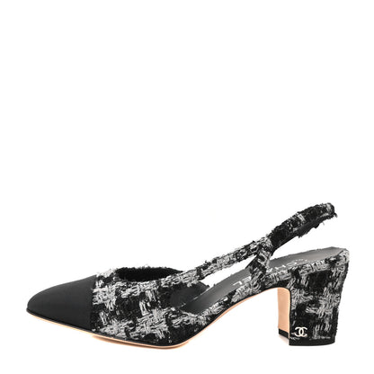 Chanel Tweed Grosgrain Cap Toe CC Slingback Pumps 41.5 Black Grey 1 of 10