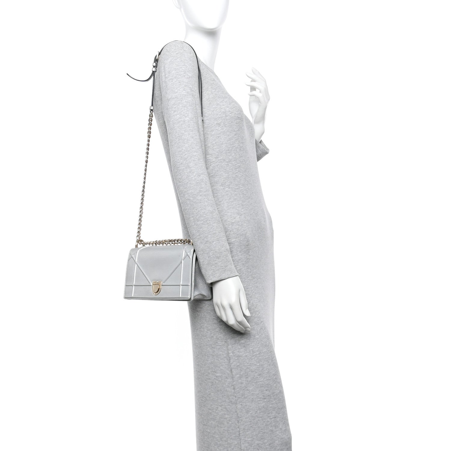 Christian Dior Metallic Grained Calfskin Diorama Wallet on Chain Pouch Silver 2 of 13