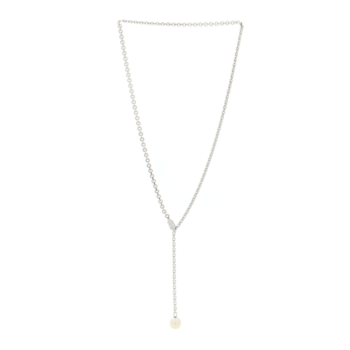 18K White Gold Diamond Pearl 8.5mm Lariat Pendant Necklace