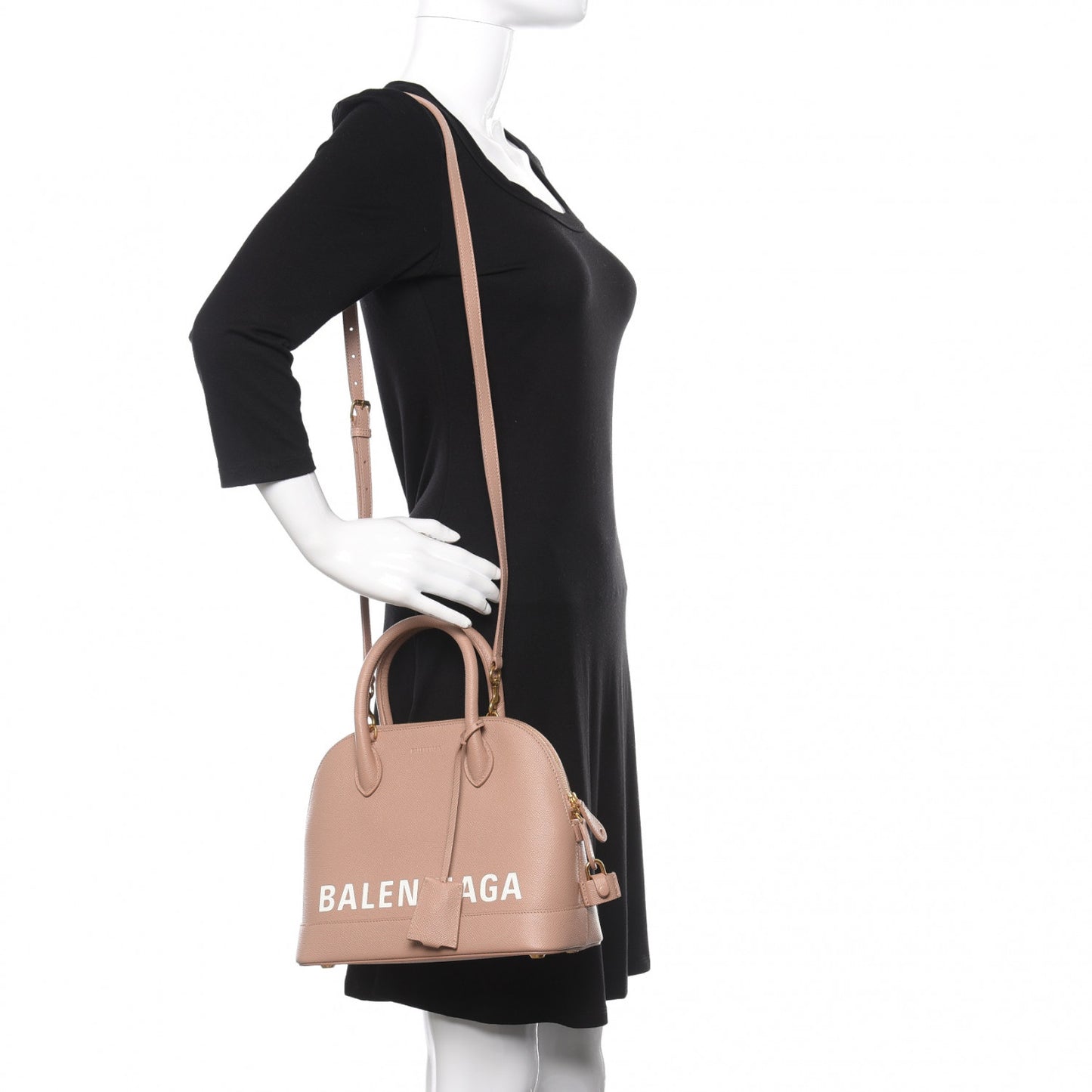 Signature Grained Calfskin Logo S Ville Top Handle Bag Nude Beige White