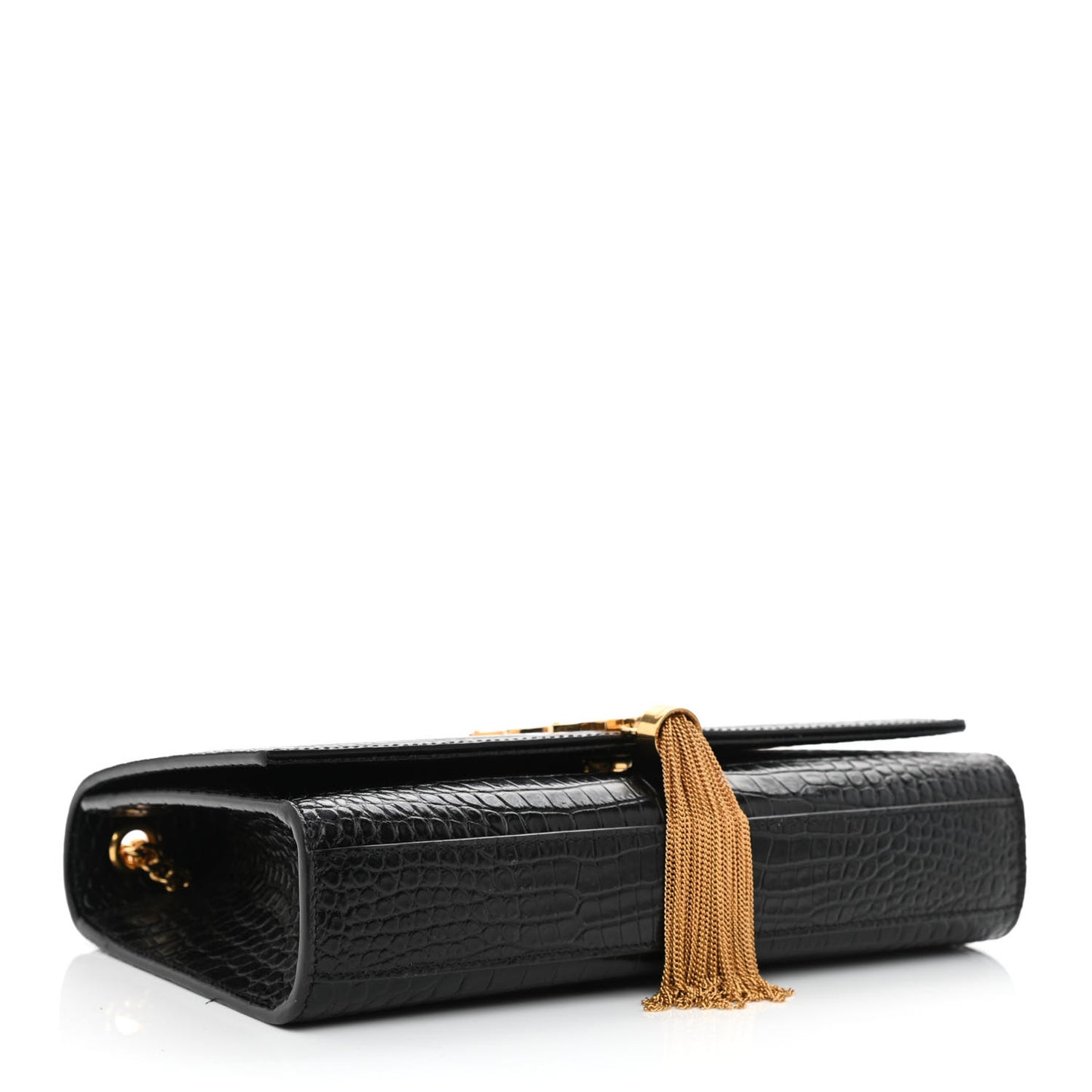 Calfskin Crocodile Embossed Medium Classic Monogram Kate Tassel Satchel Black