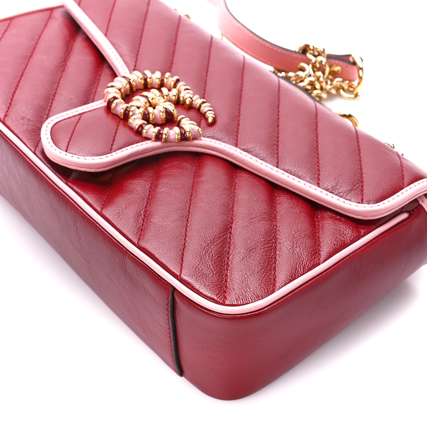 Gucci Azalea Calfskin Enamel Matelasse Diagonal Small Torchon GG Marmont Shoulder Bag New Cherry Red Wild Rose 11 of 11