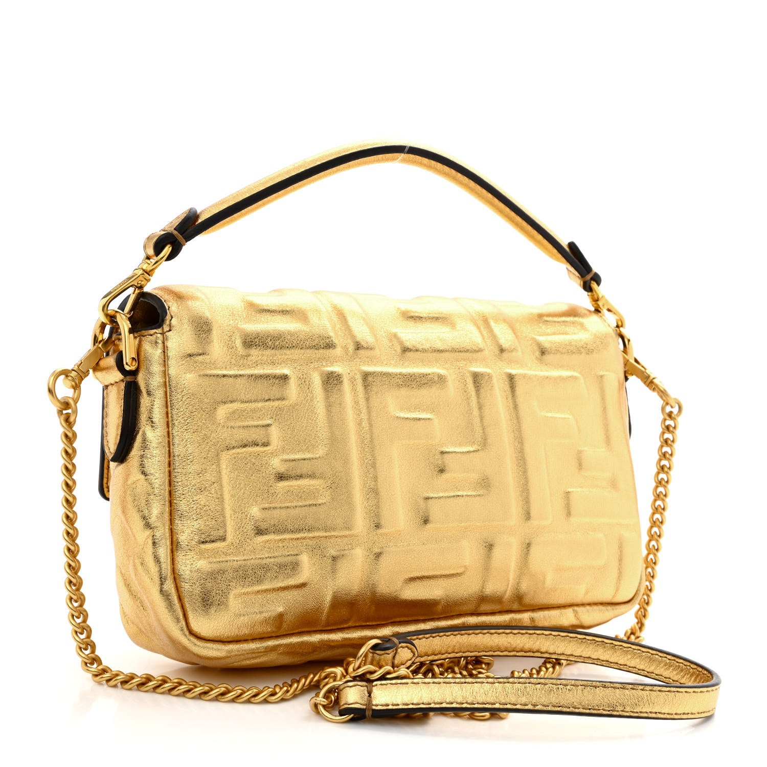 Fendi Vitello Catalan Mirror FF 1974 Embossed Mini Baguette Gold 3 of 10