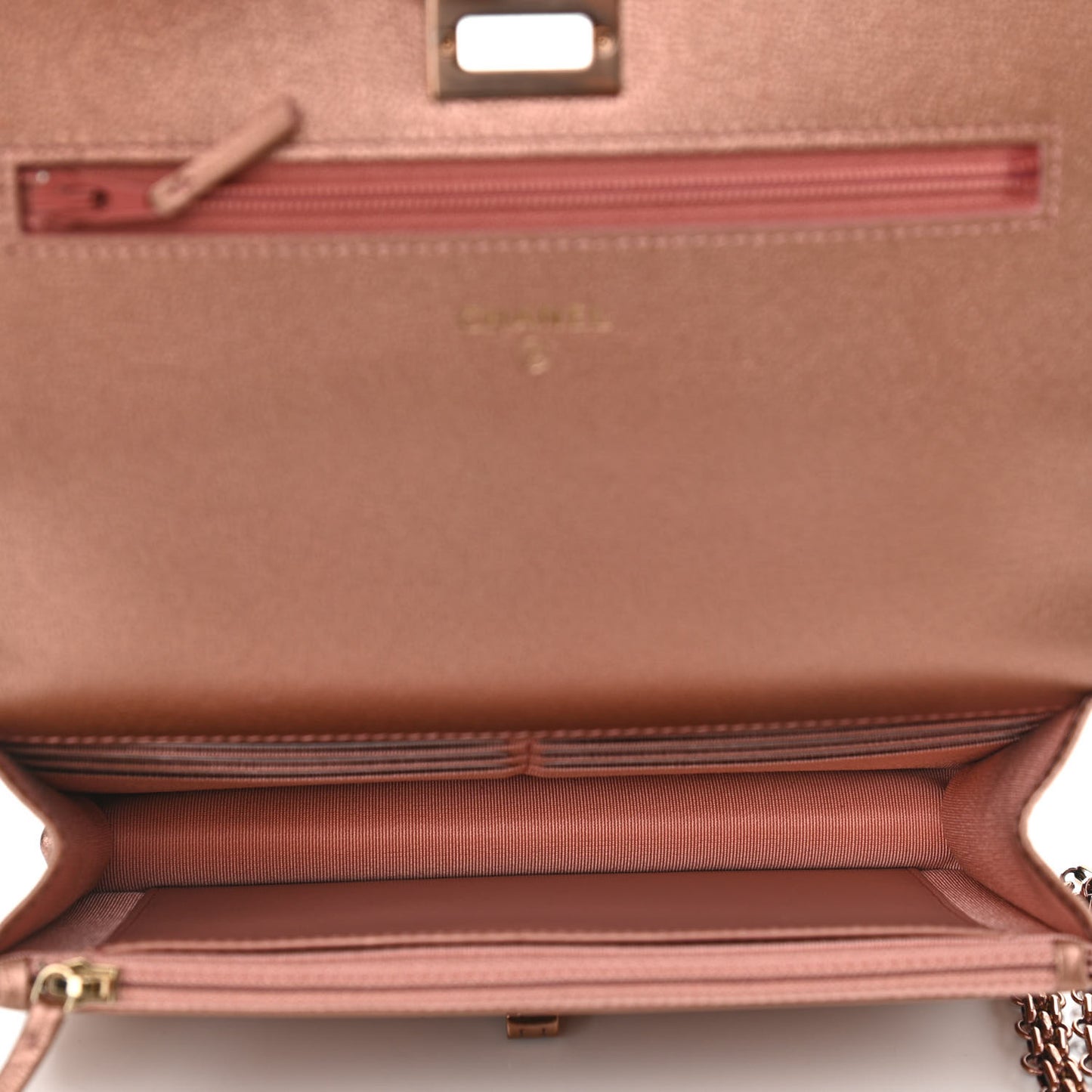Metallic Grained Calfskin Quilted 2.55 Reissue Wallet on Chain WOC Copper Pink