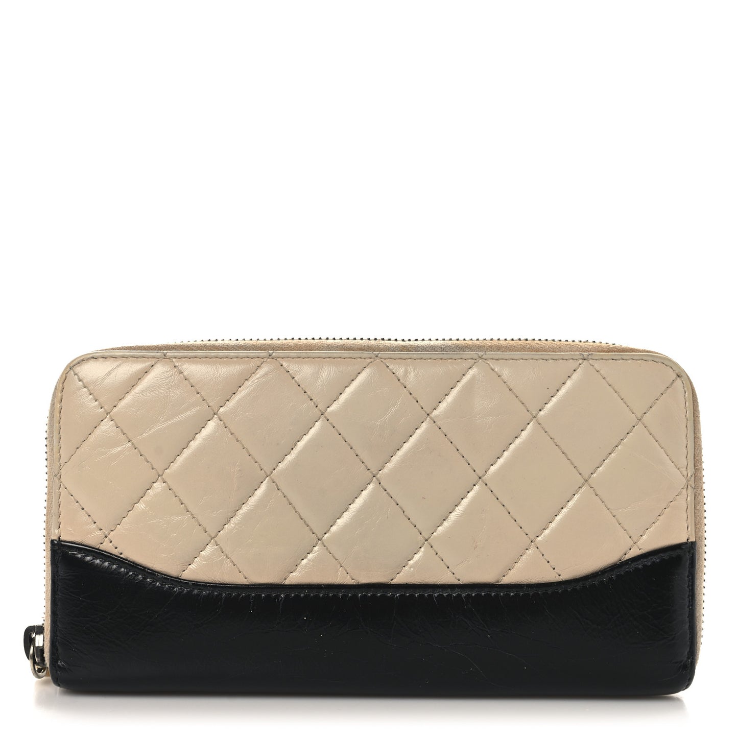 Aged Calfskin Quilted Large Gabrielle Zip Around Wallet Beige Black