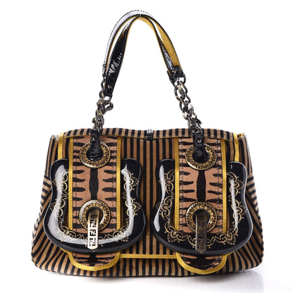 Fendi Velvet Calf Hair Pequin B Bag Tan Black 1 of 9