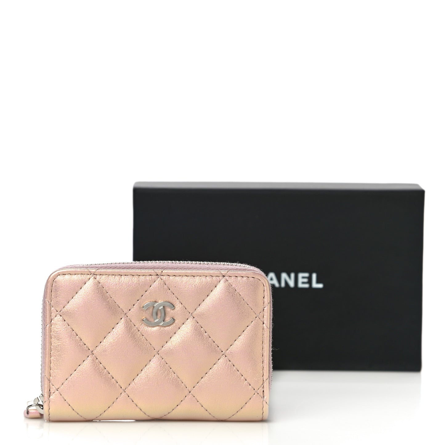 Iridescent Calfskin Quilted Zip Coin Purse Wallet Pink