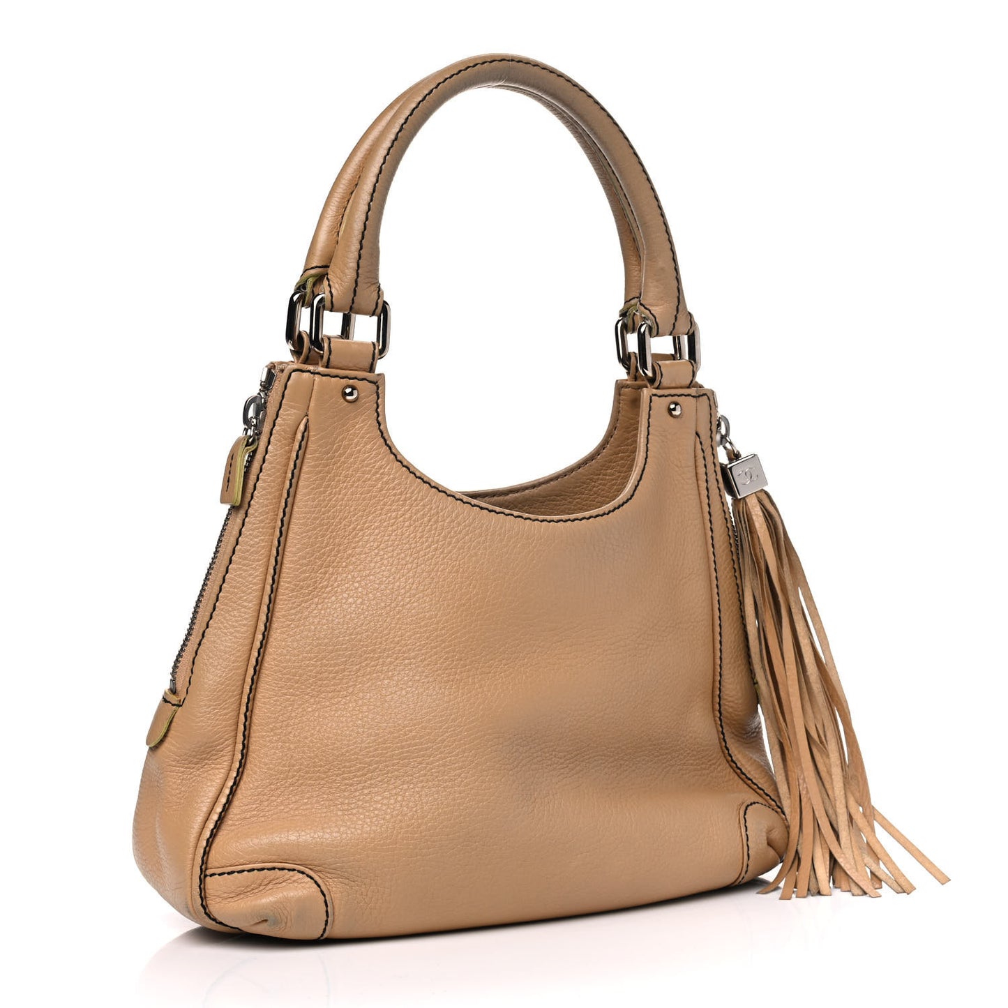 Grained Calfskin Tassel Hobo Beige