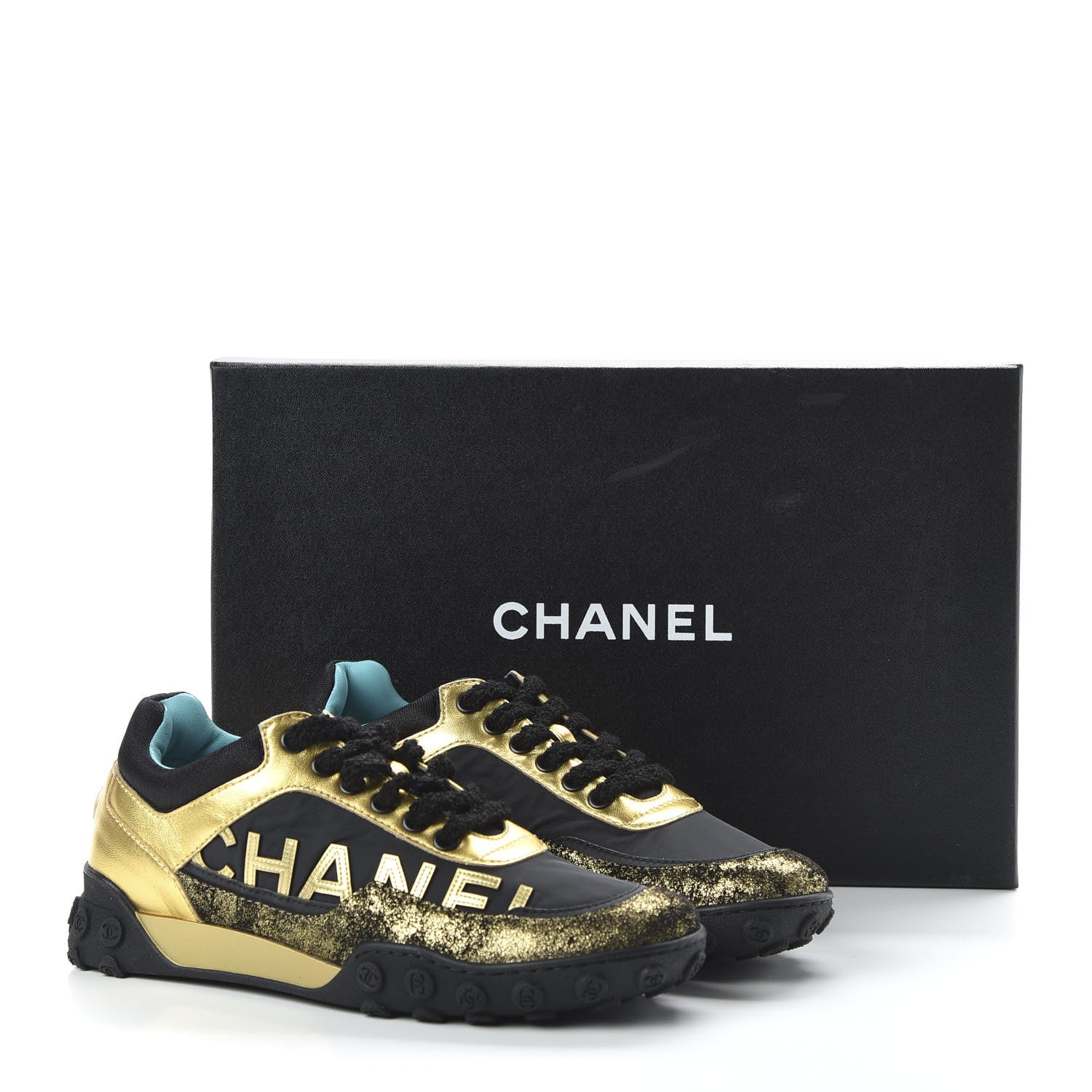Chanel Metallic Lambskin Satin Finish Womens CC Sneakers 36 Black Gold 9 of 9