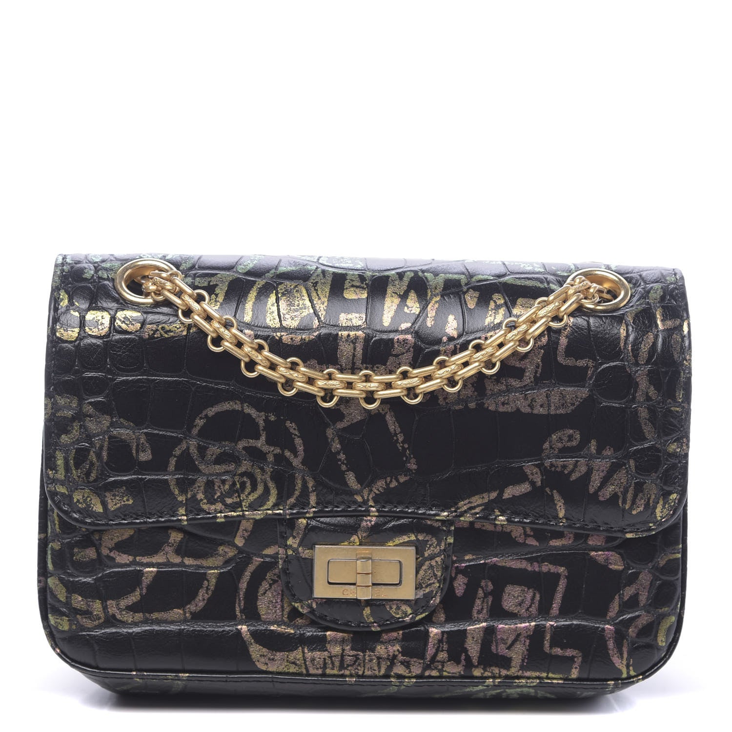 Chanel Calfskin Crocodile Embossed Graffiti 2.55 Mini Cocodile Reissue Flap Black Pink 1 of 10