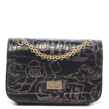 Chanel Calfskin Crocodile Embossed Graffiti 2.55 Mini Cocodile Reissue Flap Black Pink 1 of 10