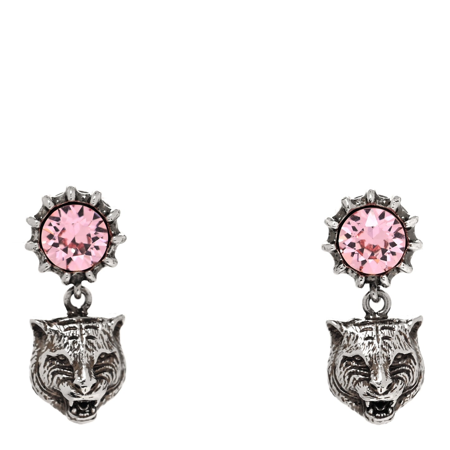 Metal Crystal Feline Earrings Aged Silver Pink