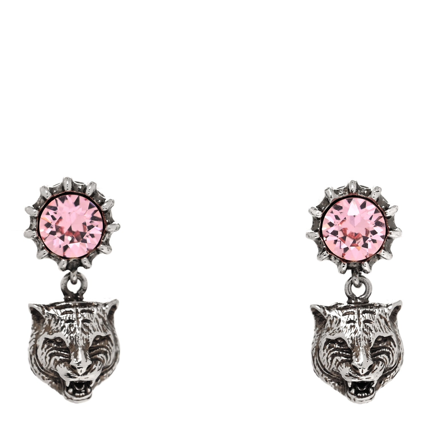 Gucci Metal Crystal Feline Earrings Aged Silver Pink 1 of 4