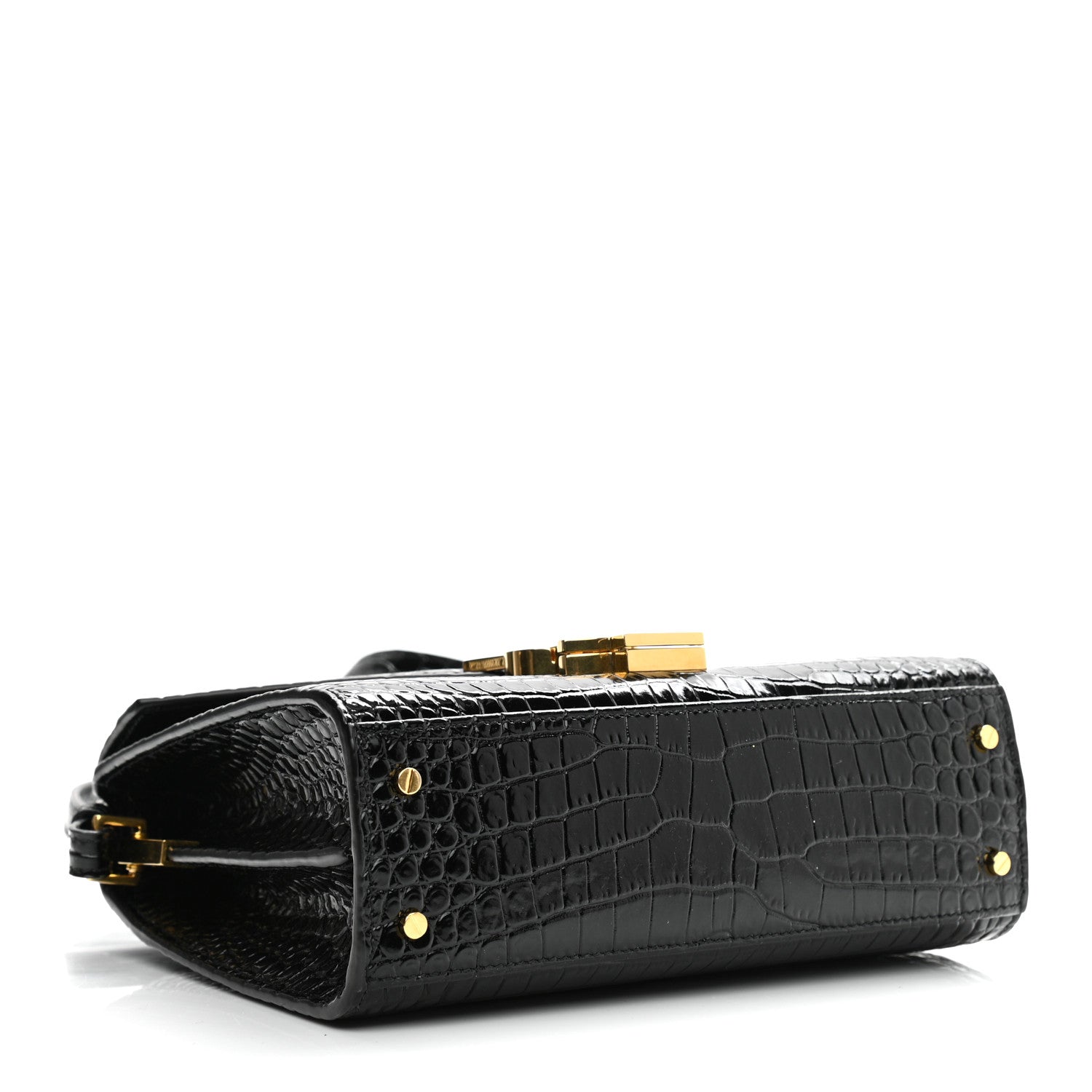 Saint Laurent Calfskin Crocodile Embossed Mini Classic Monogram Cassandra Top Handle Black 4 of 10
