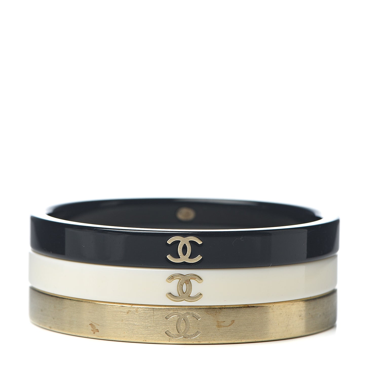 Resin Metal CC Bangle Set of 3 Black White Gold