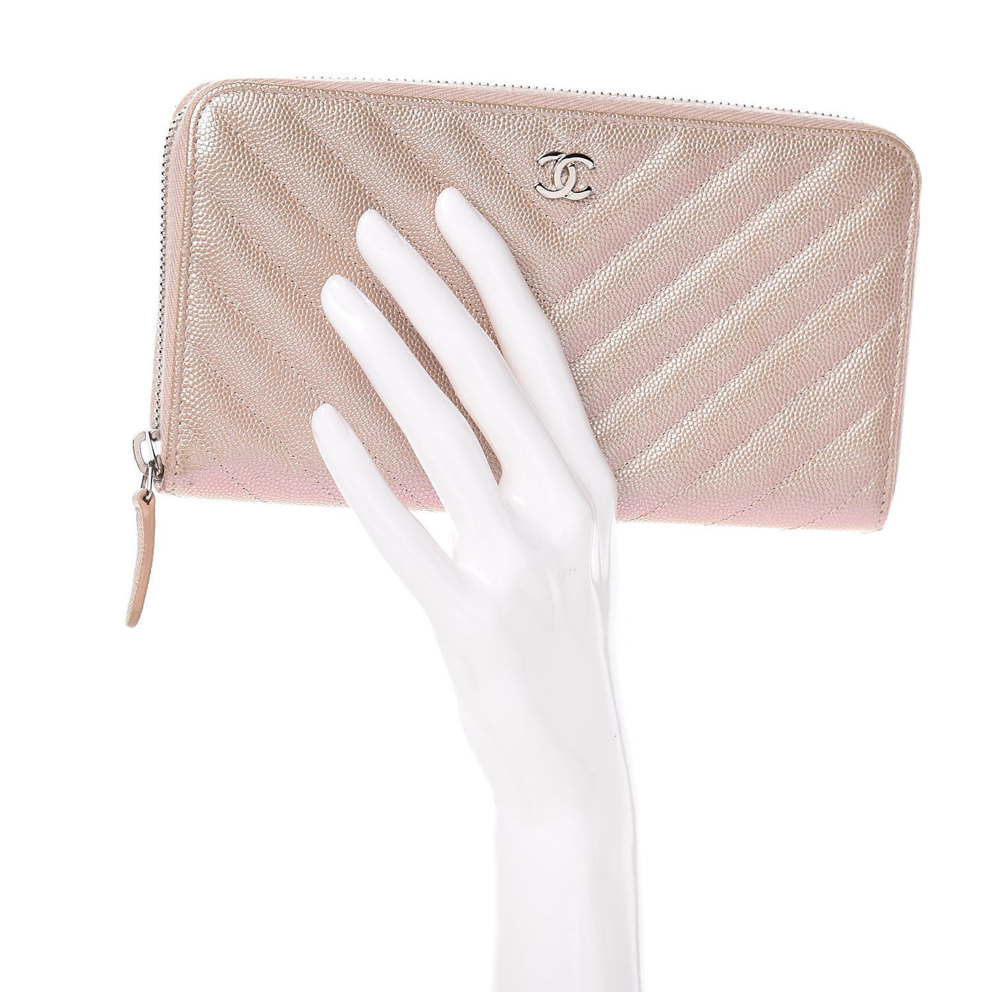 Metallic Caviar Chevron Quilted Large Gusset Zip Around Wallet Light Gold