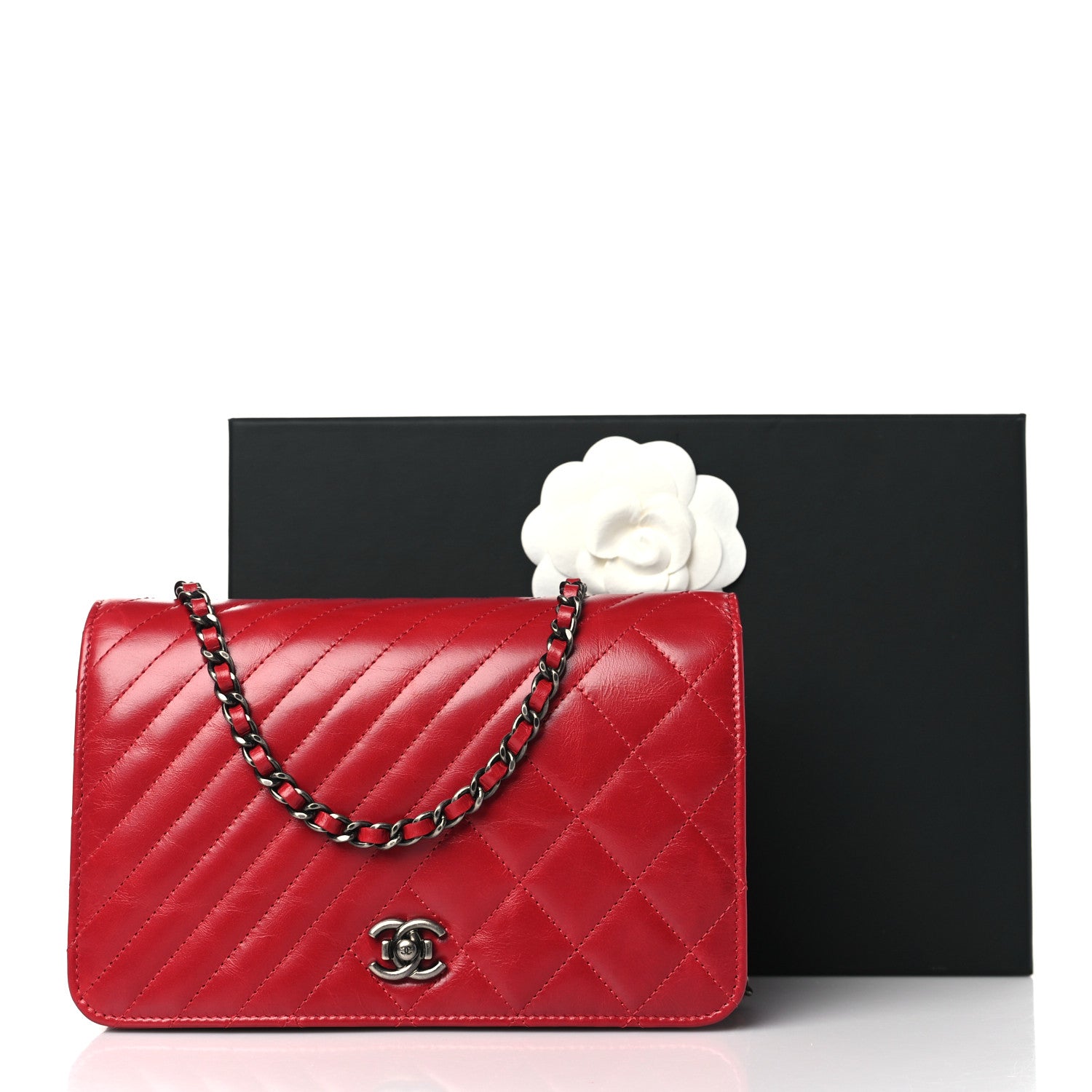 Chanel Glazed Calfskin Quilted Coco Boy Wallet On Chain WOC Red 12 of 12