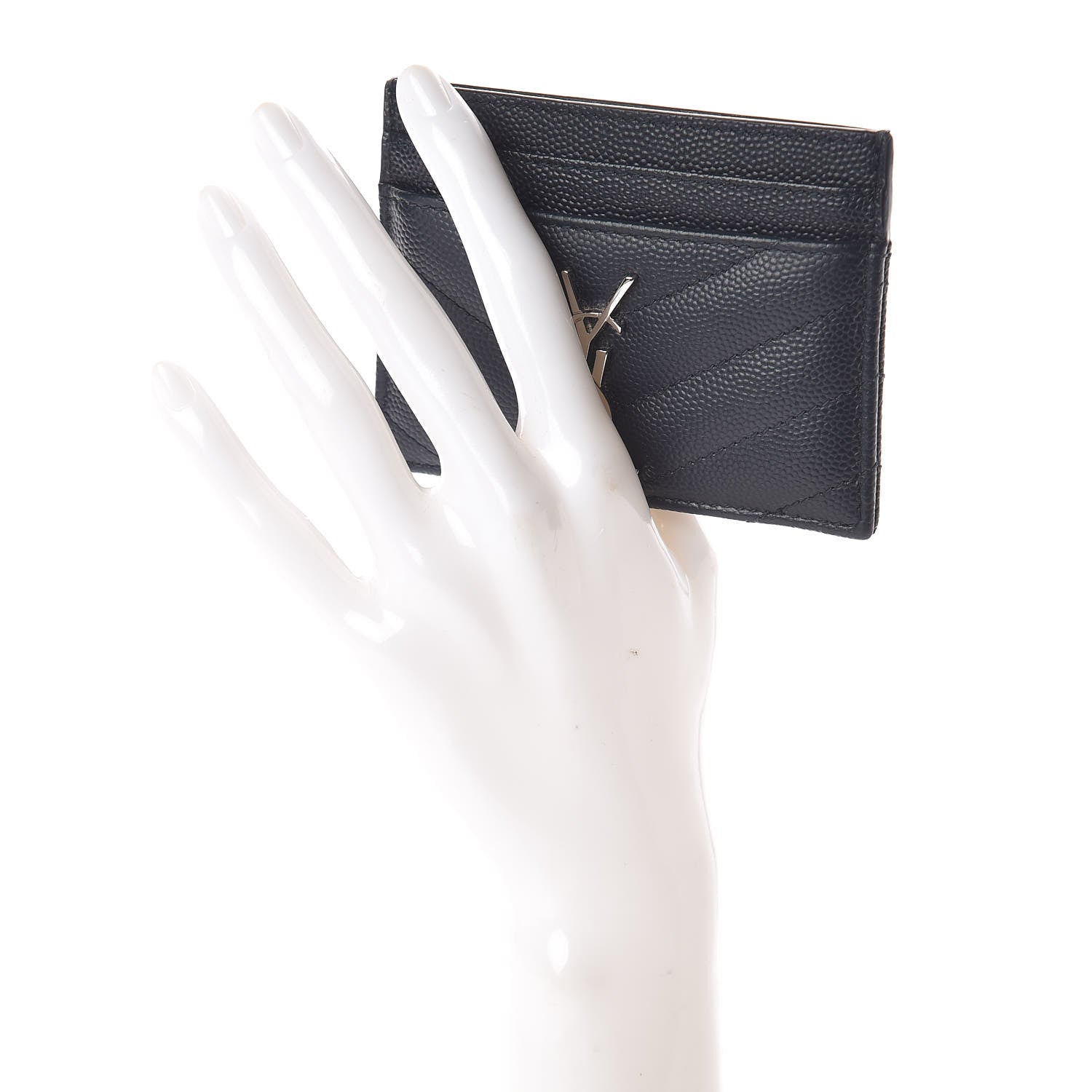Saint Laurent Grain De Poudre Matelasse Monogram Chevron Credit Card Case Deep Marine 2 of 7