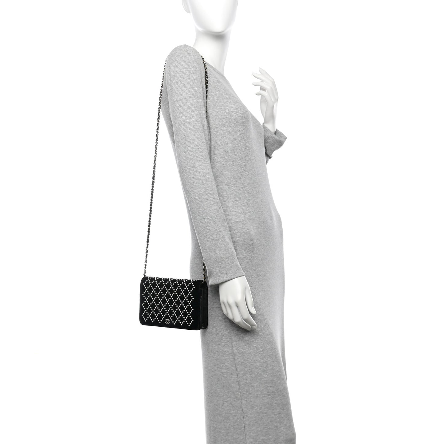 Velvet Pearl Diamond Embellished Wallet On Chain WOC Black