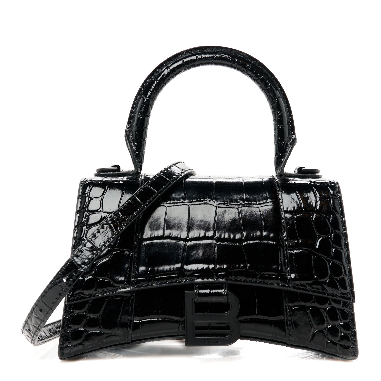Balenciaga Shiny Calfskin Monochrome Crocodile Embossed Hourglass Top Handle Bag XS Black 1 of 10